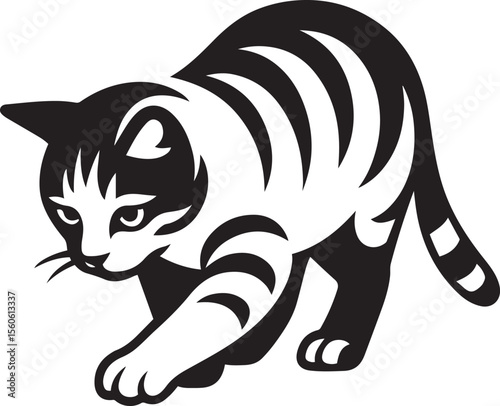 Stalking kitten black and white illustration, Playful young cat line art design