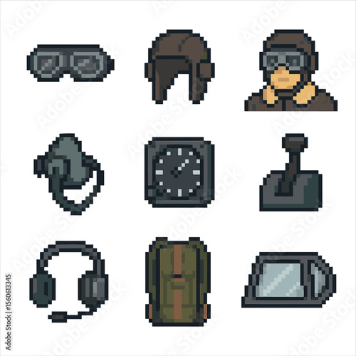 Pilot Gear Icons. Pixel art icon set of pilot and flight gear: aviator goggles, leather helmet, flight jacket, oxygen mask,