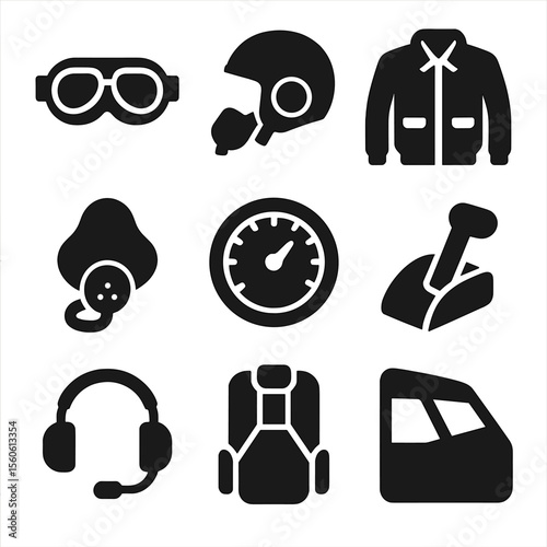 Pilot Gear Icons. Solid, Filled icon set of pilot and flight gear: aviator goggles, leather helmet, flight jacket, oxygen mask,