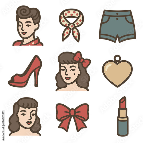 Pin-Up Icon Set. Flat icon set of pin-up style portraits: victory roll hair, polka-dot scarf, high-waist shorts, peep-toe heels,