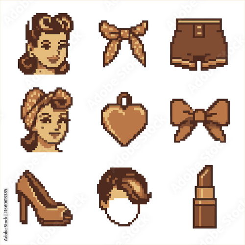 Pin-Up Pixel Icons. Pixel art icon set of pin-up style portraits: victory roll hair, polka-dot scarf, high-waist shorts, peep-toe
