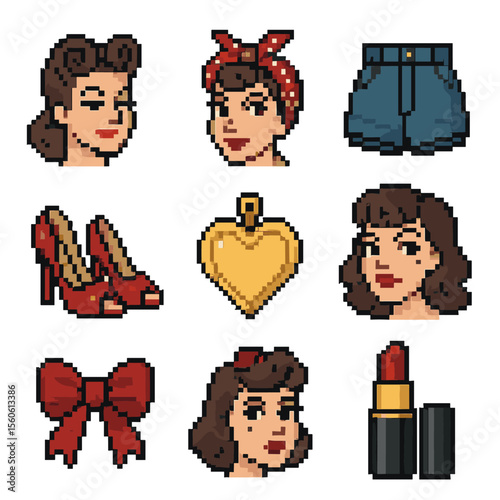 Pin-Up Pixel Icons. Pixel art icon set of pin-up style portraits: victory roll hair, polka-dot scarf, high-waist shorts, peep-toe