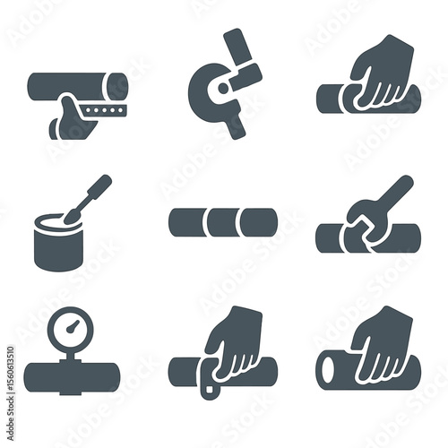 Pipe Installation Process. Flat icon set of installation steps: measuring pipe, cutting pipe, deburring edge, applying solvent