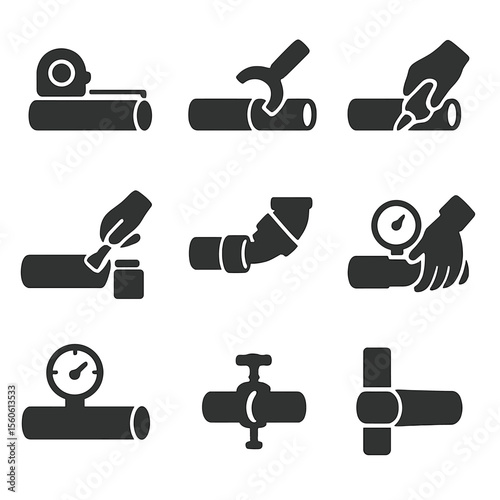 Pipe Installation Process. Flat icon set of installation steps: measuring pipe, cutting pipe, deburring edge, applying solvent