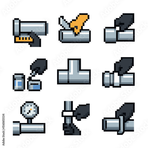 Pipe Installation Steps. Pixel art icon set of installation steps: measuring pipe, cutting pipe, deburring edge, applying solvent