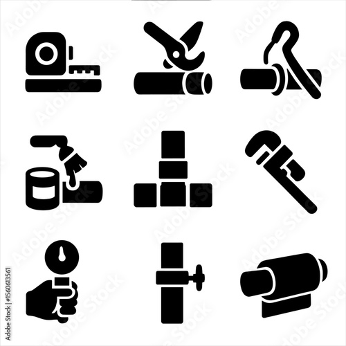 Pipe Installation Icons. Solid, Filled icon set of installation steps: measuring pipe, cutting pipe, deburring edge, applying