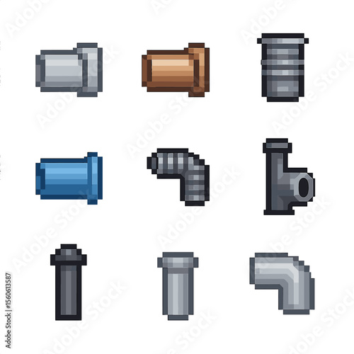 Pipe Material Icons. Pixel art icon set of pipe materials and types: PVC pipe, copper tubing, galvanized steel, PEX tubing,