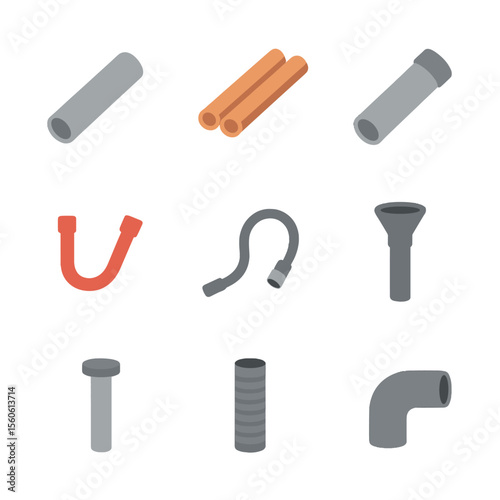 Pipe Icon Set. Flat icon set of pipe materials and types: PVC pipe, copper tubing, galvanized steel, PEX tubing, flexible hose,