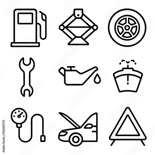 Pit Stop Icon Set. Outline icon set of pit stop maintenance: gas pump, car jack, spare tire, wrench, oil can, windshield washer,