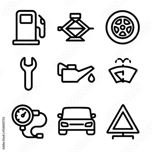 Pit Stop Icon Set. Outline icon set of pit stop maintenance: gas pump, car jack, spare tire, wrench, oil can, windshield washer,