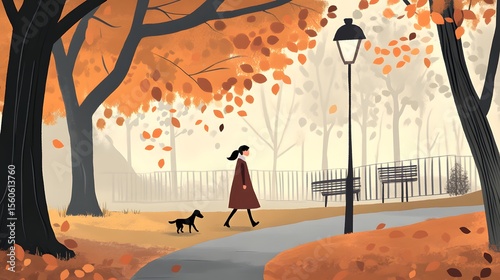 Autumnal park scene with woman and dog