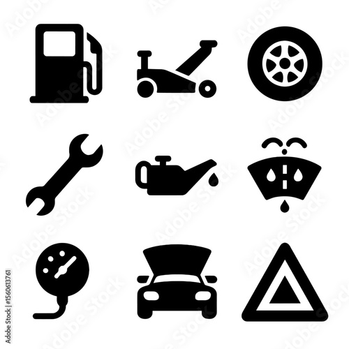 Pit Stop Tool Icons. Solid, Filled icon set of pit stop maintenance: gas pump, car jack, spare tire, wrench, oil can, windshield