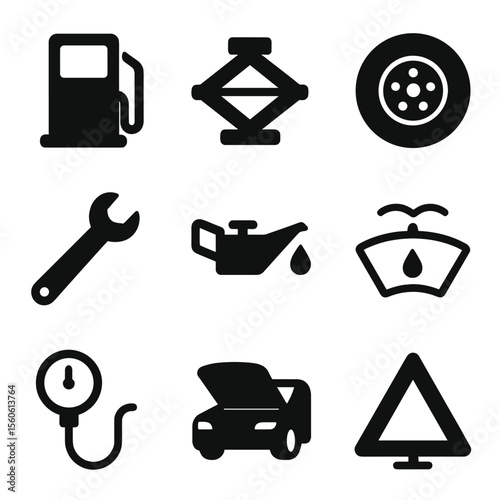 Pit Stop Tool Icons. Solid, Filled icon set of pit stop maintenance: gas pump, car jack, spare tire, wrench, oil can, windshield