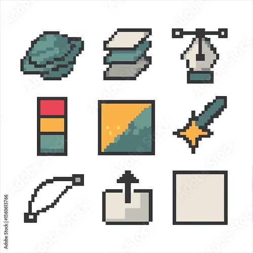 Pixel Art Icon Set. Pixel art icon set of digital illustration templates: vector planet icon, layer panel, pen tool tip, color