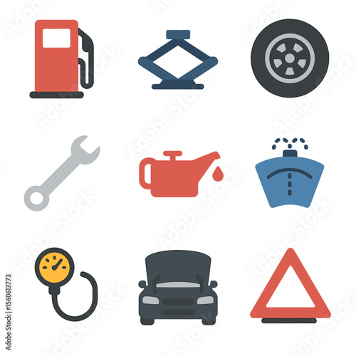 Pit Stop Icons. Flat icon set of pit stop maintenance: gas pump, car jack, spare tire, wrench, oil can, windshield washer, tire