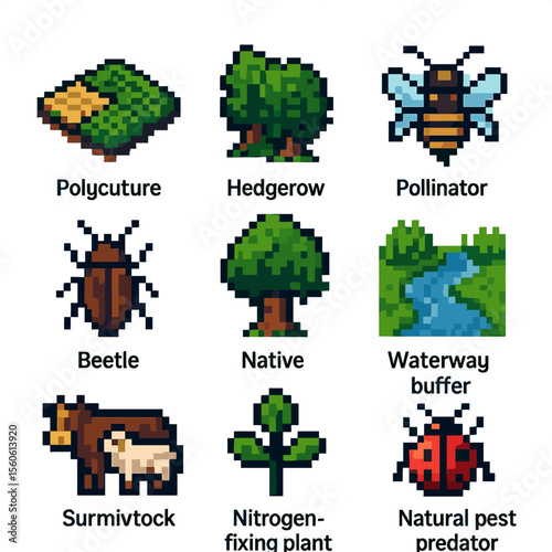 Pixelated Agroecology Icons. Pixel art icon set of agroecology practices: polyculture field, hedgerow, pollinator bee, beetle,