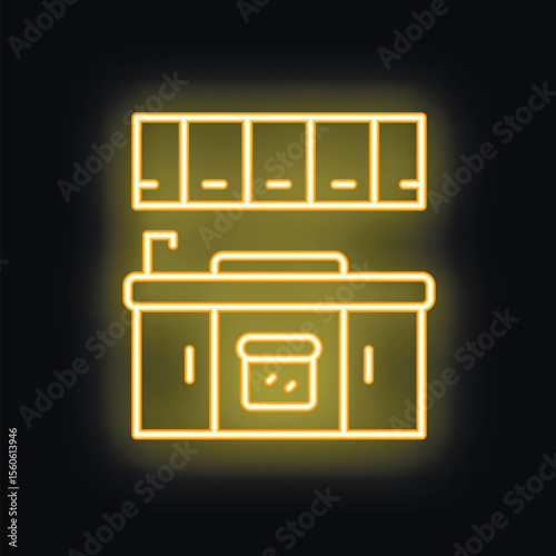Glowing yellow neon sign depicting a kitchen counter with cabinets and oven, perfect for restaurant or food related designs