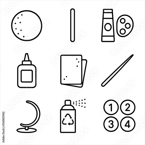 3D Planet Model Kit. Outline icon set of 3D planet model kits: styrofoam ball, wooden dowel, acrylic paint, glue, sandpaper,