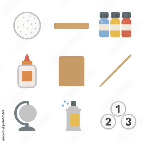 3D Planet Model Kit. Flat icon set of 3D planet model kits: styrofoam ball, wooden dowel, acrylic paint, glue, sandpaper, skewer