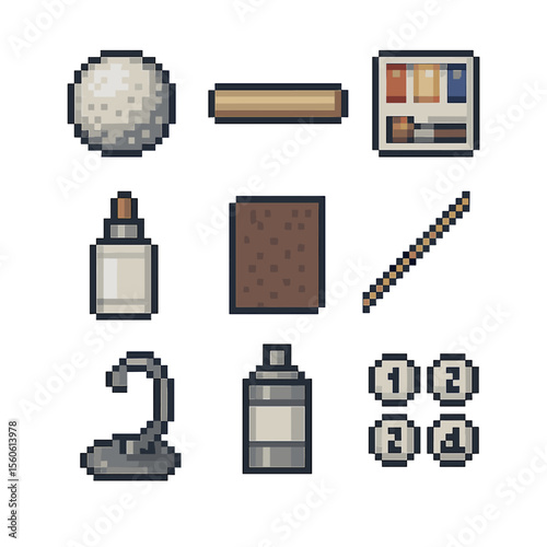 3D Planet Model Kit. Pixel art icon set of 3D planet model kits: styrofoam ball, wooden dowel, acrylic paint, glue, sandpaper,