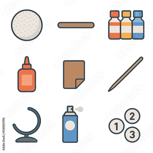 3D Planet Model Kit. Flat icon set of 3D planet model kits: styrofoam ball, wooden dowel, acrylic paint, glue, sandpaper, skewer