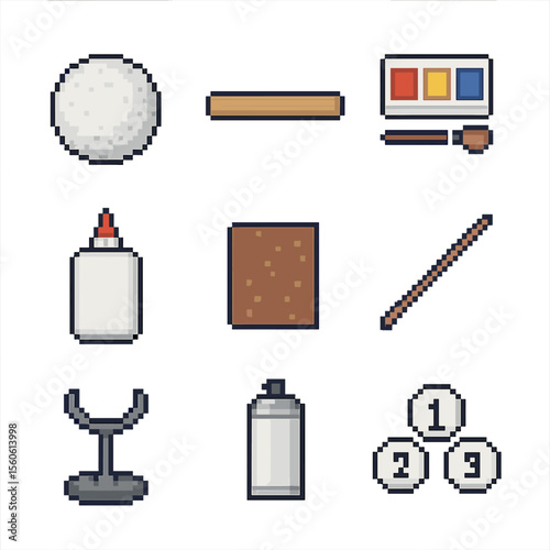 3D Planet Model Kit. Pixel art icon set of 3D planet model kits: styrofoam ball, wooden dowel, acrylic paint, glue, sandpaper,