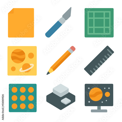 Planetary Craft Icons. Solid, Filled icon set of planetary paper cut crafts: colored paper sheet, x-acto knife, cutting mat,