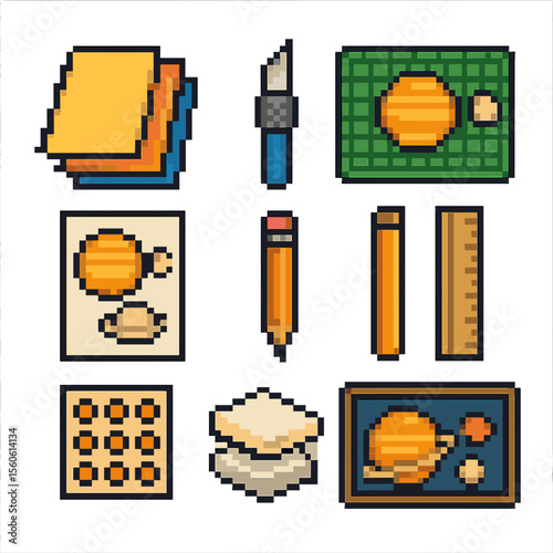Planetary Craft Icons. Pixel art icon set of planetary paper cut crafts: colored paper sheet, x-acto knife, cutting mat, planet