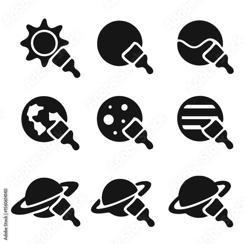 Planetary Icon Grid. Solid, Filled icon set of planetary painting projects: sun, Mercury, Venus, Earth, Mars, Jupiter, Saturn,