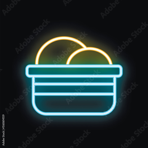 Bright neon icon of a bread basket full of bread loaves, isolated on black background