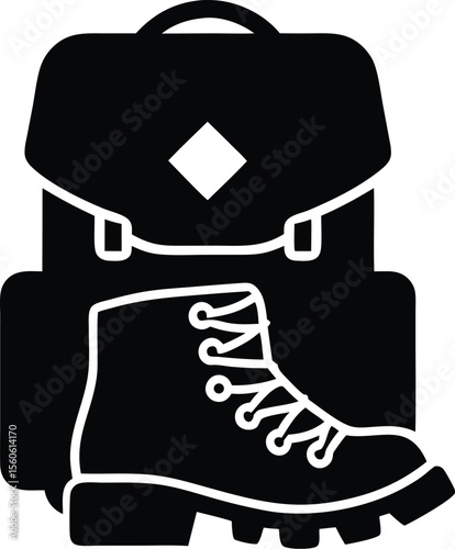 Hiking boots and backpack silhouette with rugged outdoor gear for adventure icon