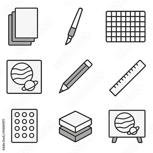 Planetary Craft Icons. Outline icon set of planetary paper cut crafts: colored paper sheet, x-acto knife, cutting mat, planet