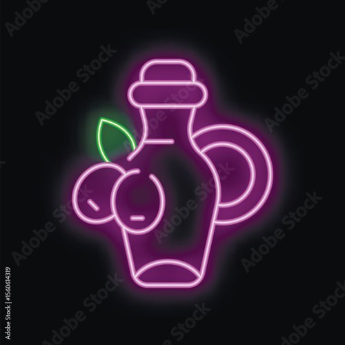 Neon sign illuminating in the dark, representing a bottle of plum wine or juice with fruits and leaves