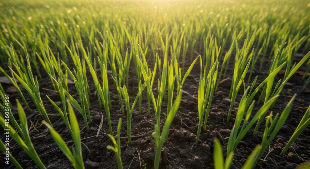 Obraz premium Close up of bright green grass shoots emerging from dark soil under warm sunlight