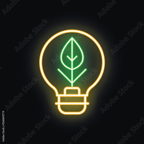 Neon sign of a green leaf growing inside a lightbulb symbolizing green energy and eco friendly ideas