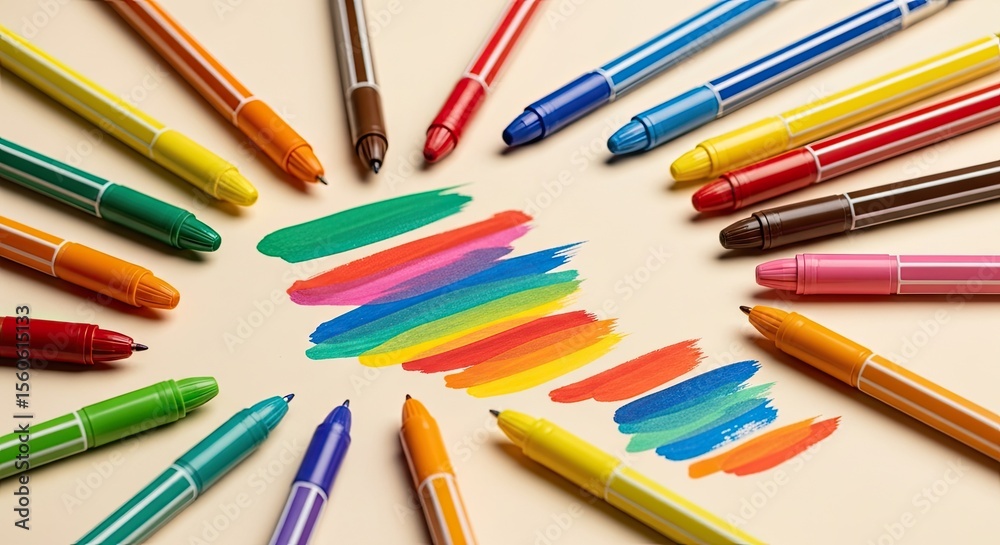 Fototapeta premium Creative Pens and Strokes Beige Background Artistic Expression Tools