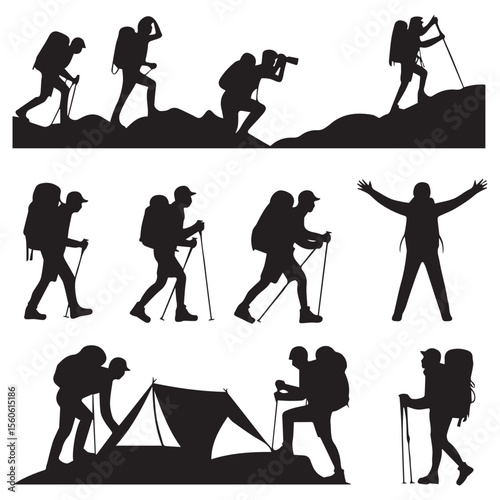 Silhouette hikers explore mountain trails, camping and enjoying the outdoors with their backpacks and hiking poles.