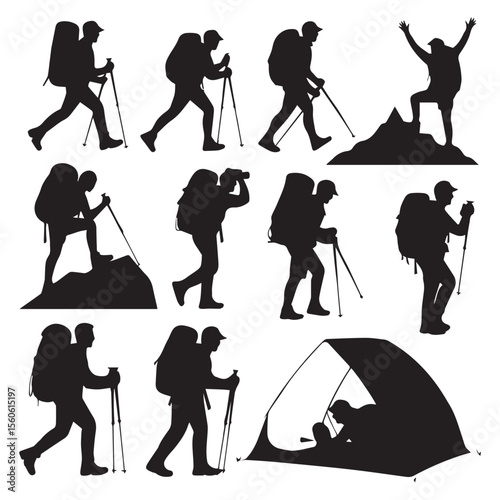 Hiking silhouettes showcase diverse trek activities, from ascent to relaxation at campsite for adventure trip enthusiasts.