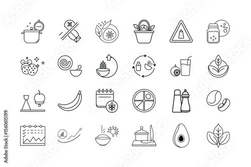Healthy Eating and Nutrition Line Art Icons Set – Vector Collection of Diet Organic Food Wellness and Balanced Meal Symbols