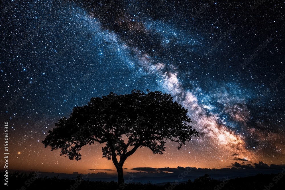 Naklejka premium Silhouetted tree under a vibrant night sky, Milky Way prominent