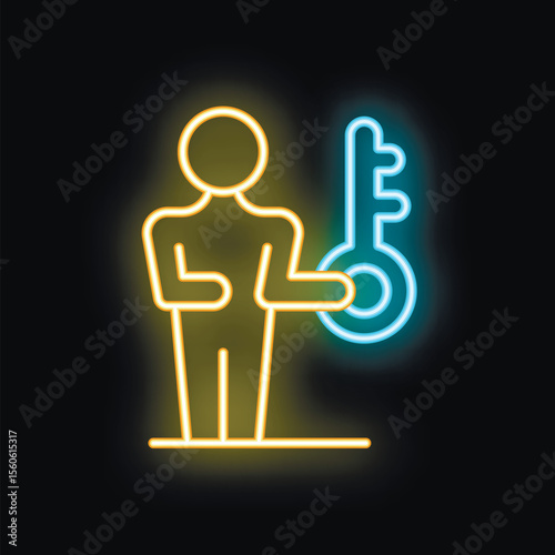 Neon sign illustration of a businessman holding a key, representing business success, solutions and opportunities