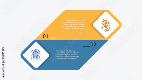 Business infographic 2 step process. Diagram presentation, workflow layout, pie chart, information graphic. Vector illustration with line and paper style