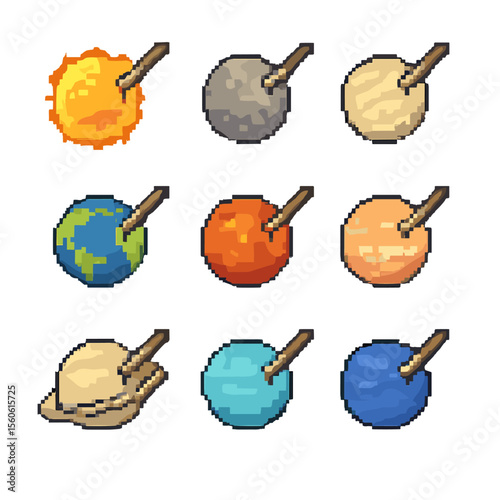 Planetary Painting Icons. Pixel art icon set of planetary painting projects: sun, Mercury, Venus, Earth, Mars, Jupiter, Saturn,