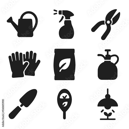 Plant Care Tools Icons. Solid, filled icon set of plant care tools: watering can, spray bottle, pruning shears, garden gloves,