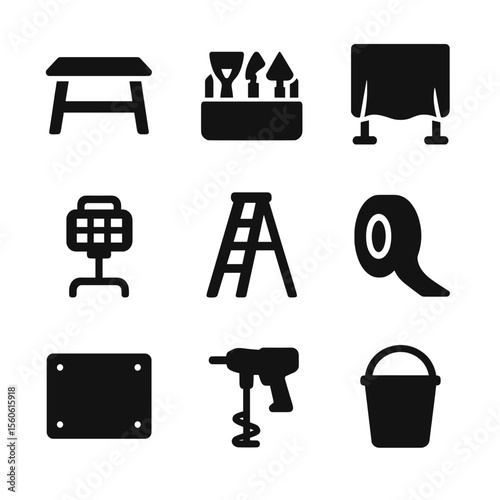 Plasterer Workspace Icons. Solid, filled icon set of plasterer workspace setup: workbench, tool caddy, protective sheet, ladder,