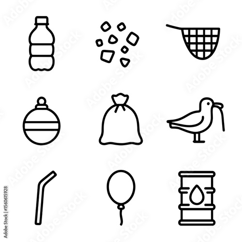 Plastic Pollution Icons. Outline icon set of plastic pollution: plastic bottle, microplastic fragment, fishing net, buoy, trash