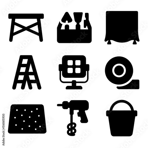 Plasterer Workspace Icons. Solid, filled icon set of plasterer workspace setup: workbench, tool caddy, protective sheet, ladder,