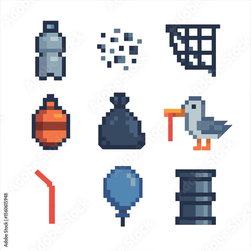 Plastic Pollution Icons. Pixel art icon set of plastic pollution: plastic bottle, microplastic fragment, fishing net, buoy, trash
