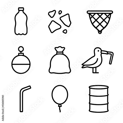 Plastic Pollution Icons. Outline icon set of plastic pollution: plastic bottle, microplastic fragment, fishing net, buoy, trash