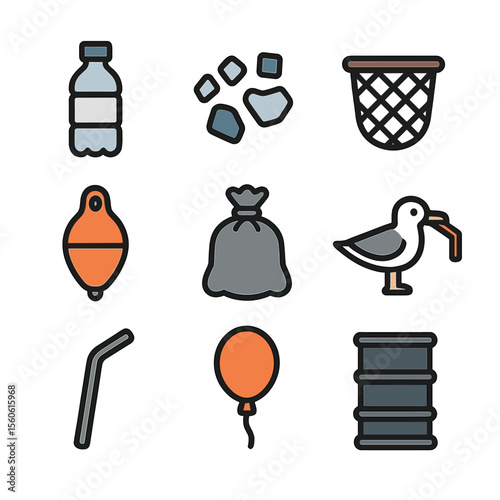 Plastic Pollution Icons. Flat icon set of plastic pollution: plastic bottle, microplastic fragment, fishing net, buoy, trash bag,